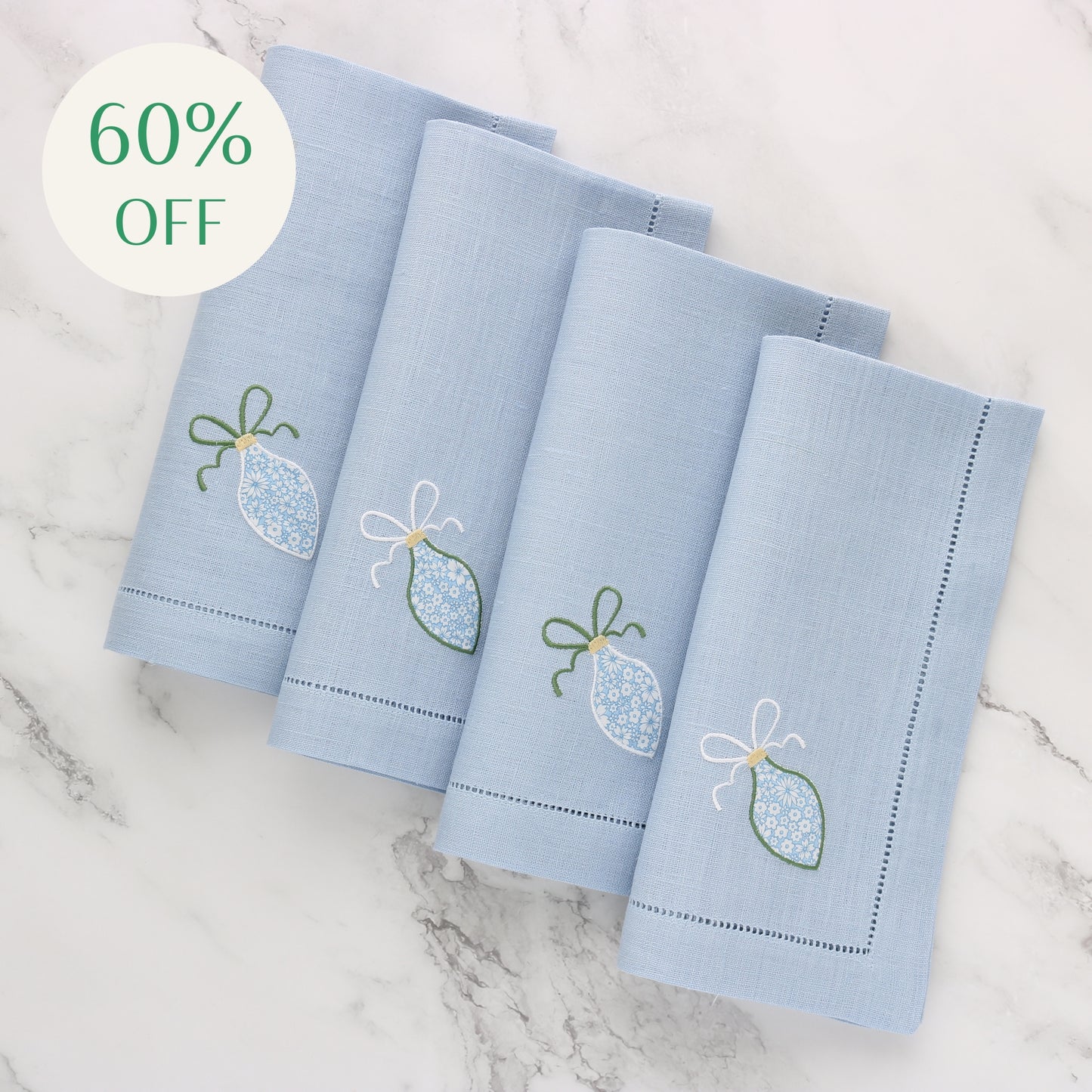 Light Blue Linen Napkins with Christmas Ornament (set of 4)