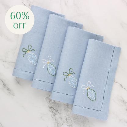 Light Blue Linen Napkins with Christmas Ornament (set of 4)