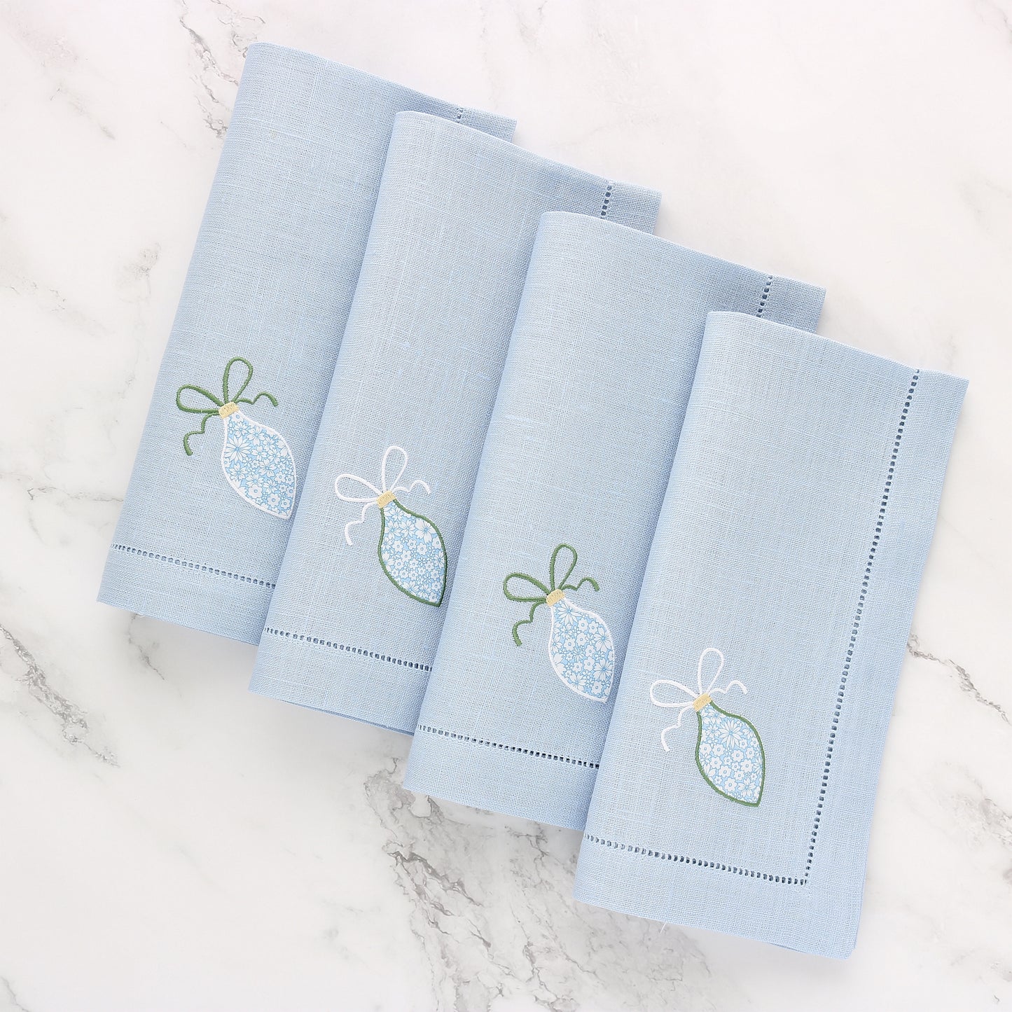 Light Blue Linen Napkins with Christmas Ornament (set of 4)