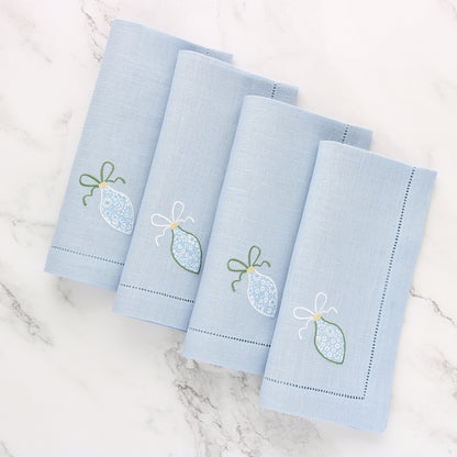 Light Blue Linen Napkins with Christmas Ornament (set of 4)