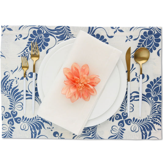 Raul Blue and Off-white linen placemats with Flourish motif (set of 4)