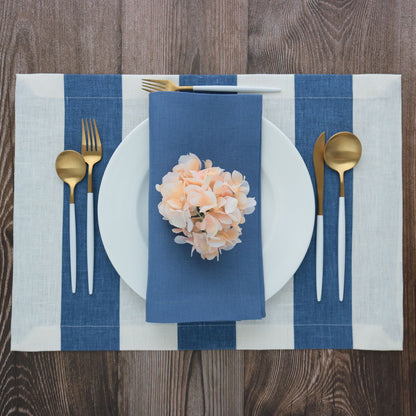 Raul Blue and Off-white linen placemats with wide stripes (set of 4)