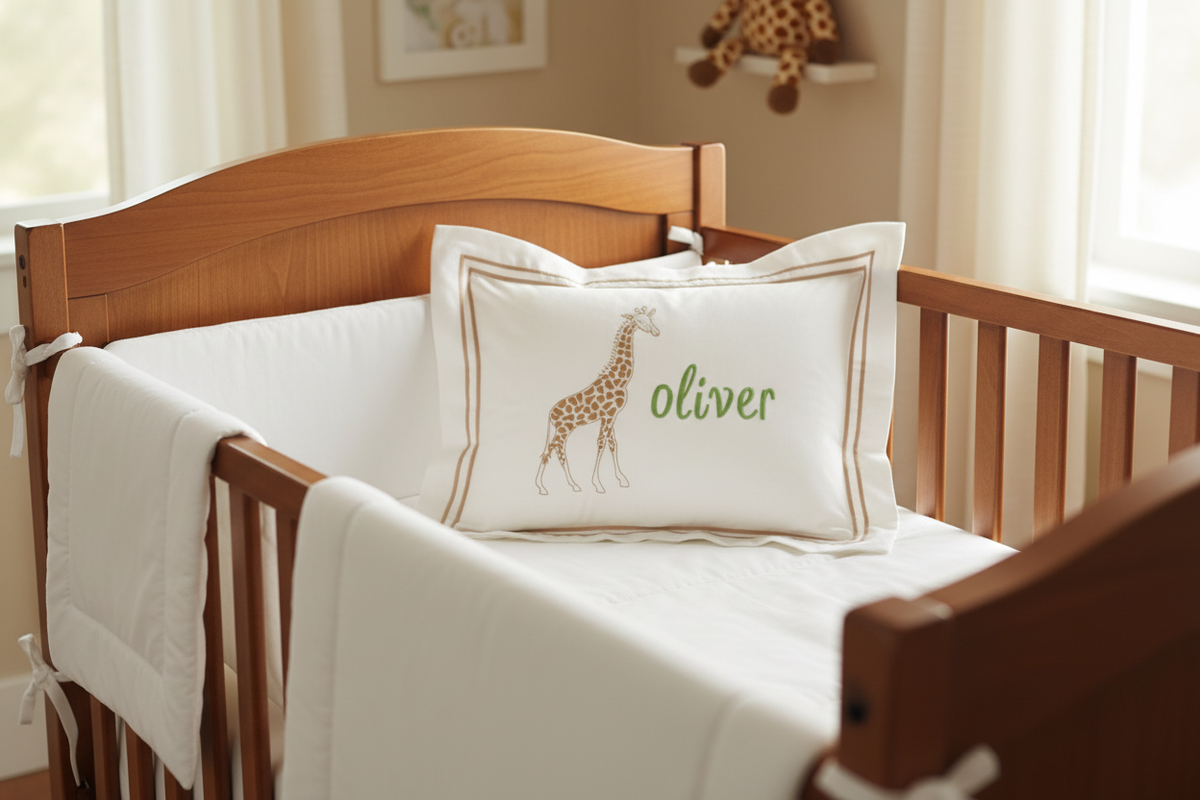 Giraffe Baby Boudoir Sham on crib