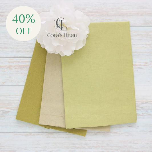 Light Warm GREEN tones Plain Hem Linen Guest Towels (each)