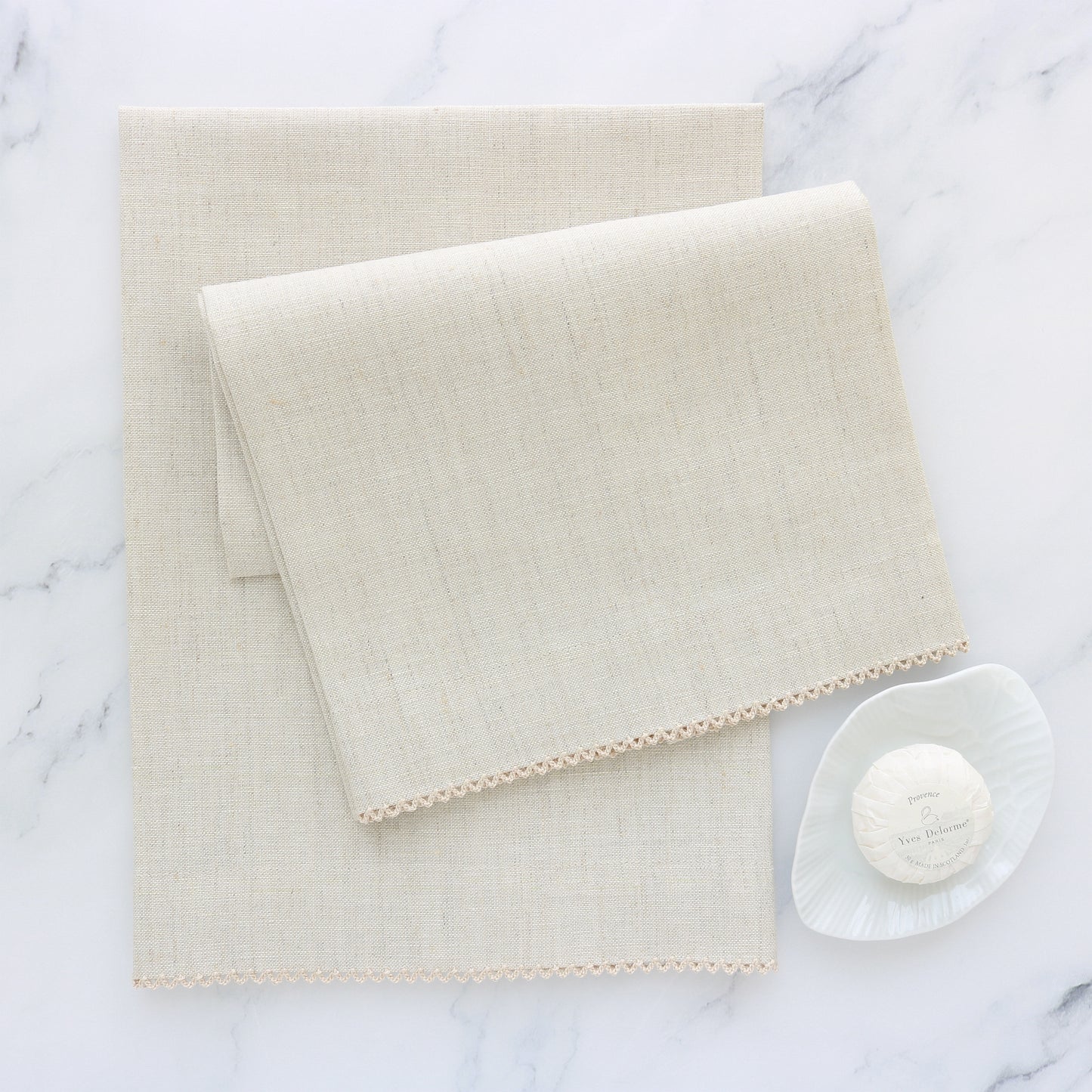 oversized light oatmeal linen guest towel set with natural picot trim