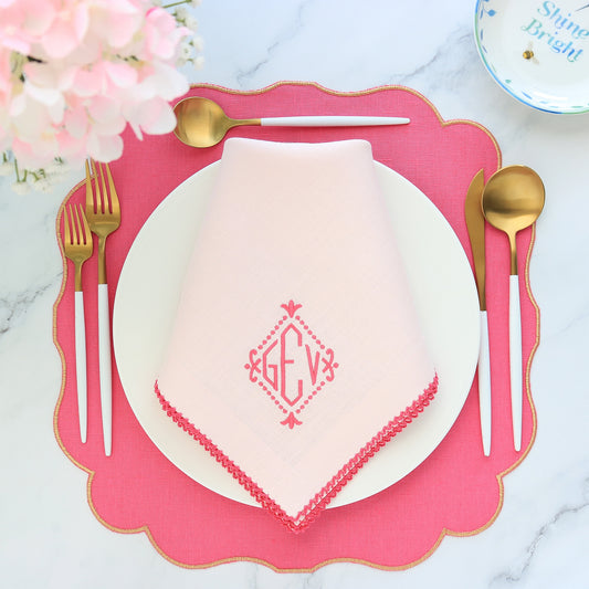 Serviettes de table rose clair avec bordure picot fuchsia (lot de 4)