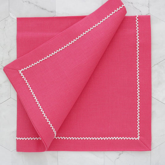 Serviettes de table en lin rose rouge à lèvres avec bordure picot blanche inversée (lot de 4)