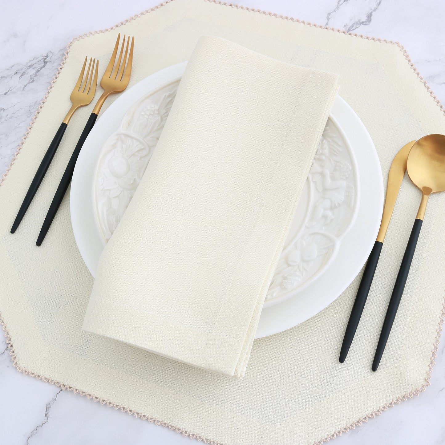 cream napkin with matching octagonal placemat and natural picot trim