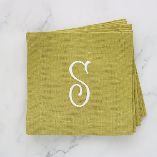 Set of 4 Kiwi square linen cocktail napkins, monogram S