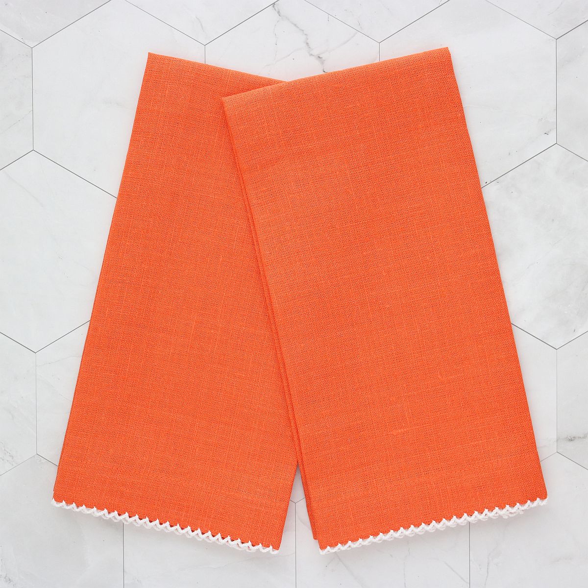 Orange linen guest towel with White edge picot trim