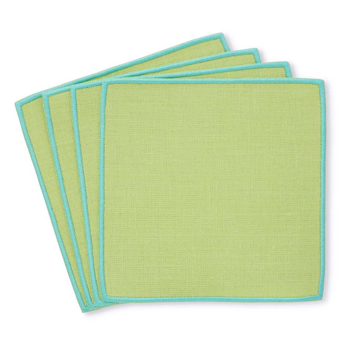 green straight edge Turin cocktail napkin set of 4, arranged in an overlapping fan pattern, handmade by Cora's Linen