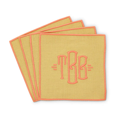 citron gold straight edge Turin cocktail napkin set of 4, arranged in an overlapping fan pattern with monogram TBB, handmade by Cora's Linen