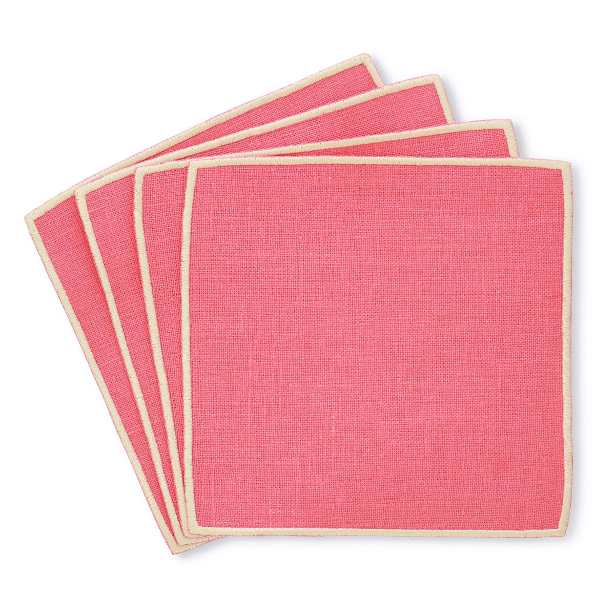 coral straight edge Turin cocktail napkin set of 4, arranged in an overlapping fan pattern, handmade by Cora's Linen
