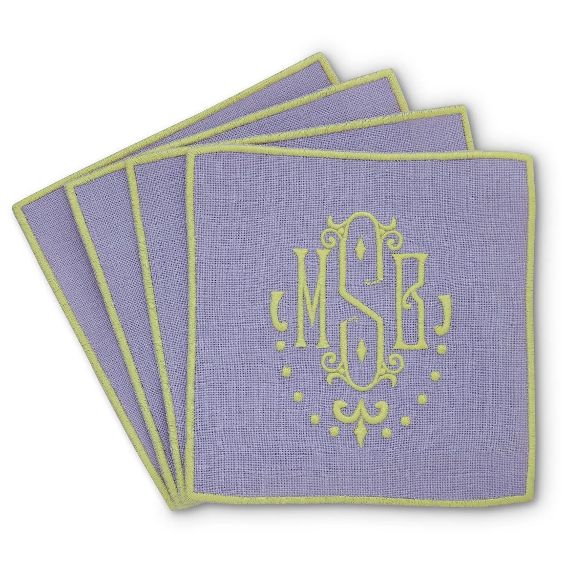 lavender straight edge Turin cocktail napkin set of 4, arranged in an overlapping fan pattern with monogram MSB, handmade by Cora's Linen