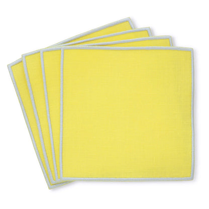 yellow straight edge Turin cocktail napkin set of 4, arranged in an overlapping fan pattern, handmade by Cora's Linen
