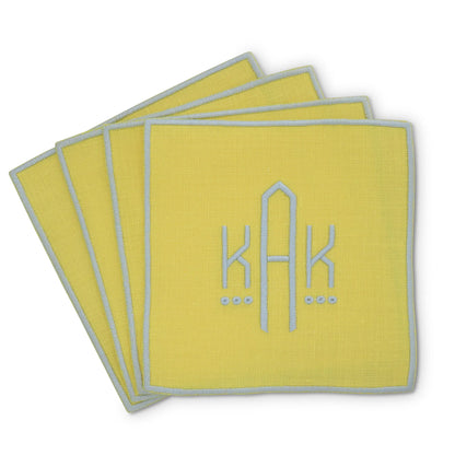 yellow straight edge Turin cocktail napkin set of 4, arranged in an overlapping fan pattern with monogram KAK, handmade by Cora's Linen