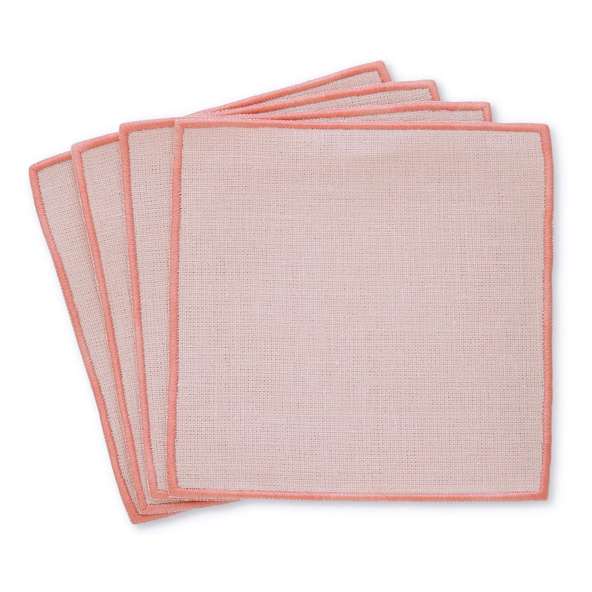 peach straight edge Turin cocktail napkin set of 4, arranged in an overlapping fan pattern, handmade by Cora's Linen
