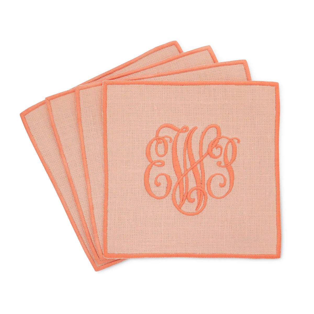 peach straight edge Turin cocktail napkin set of 4, arranged in an overlapping fan pattern with monogram EWP, handmade by Cora's Linen