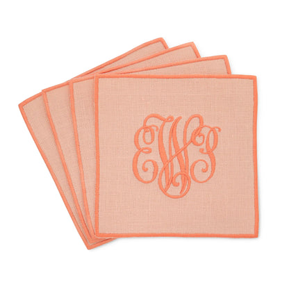 peach straight edge Turin cocktail napkin set of 4, arranged in an overlapping fan pattern with monogram EWP, handmade by Cora's Linen