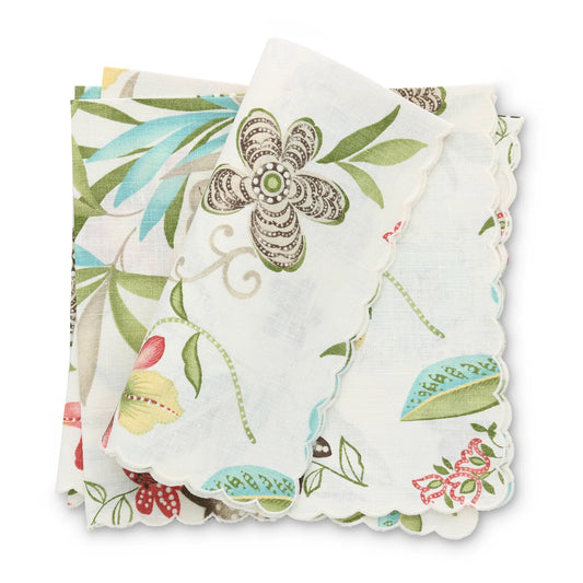 Verona Coral Flowers Scalloped Linen Dinner Napkins (each)