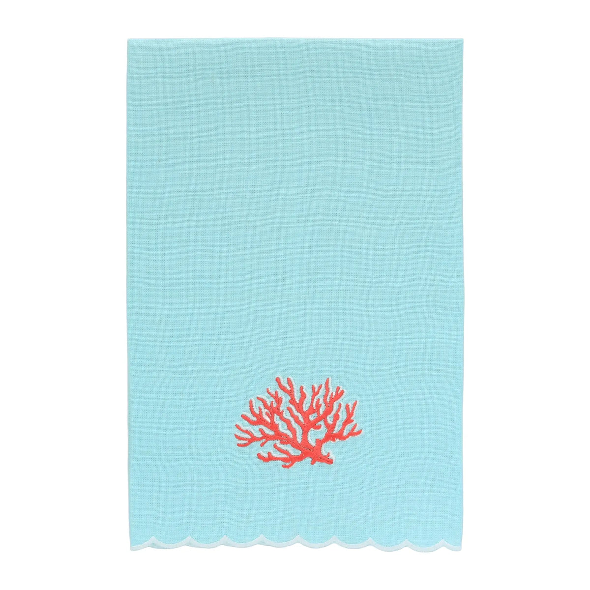 Corals on Aqua Scalloped Linen Guest Towel