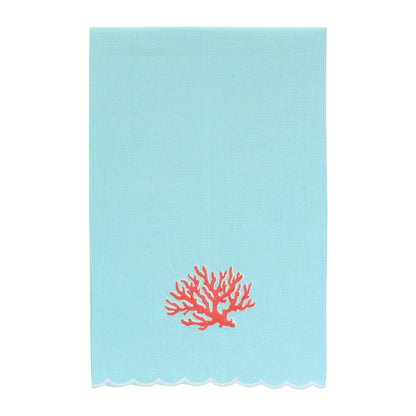 Corals on Aqua Scalloped Linen Guest Towel