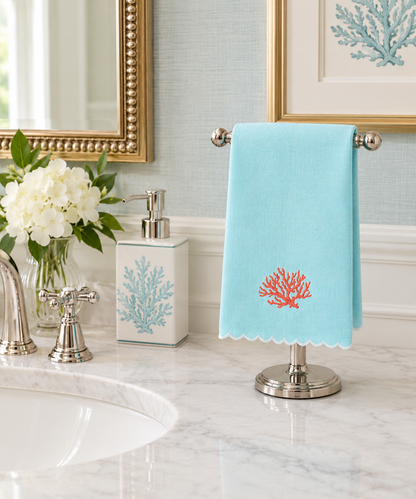 Corals on Aqua Scalloped Linen Guest Towel