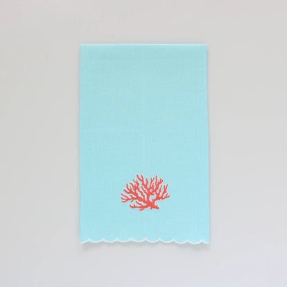 Corals on Aqua Scalloped Linen Guest Towel