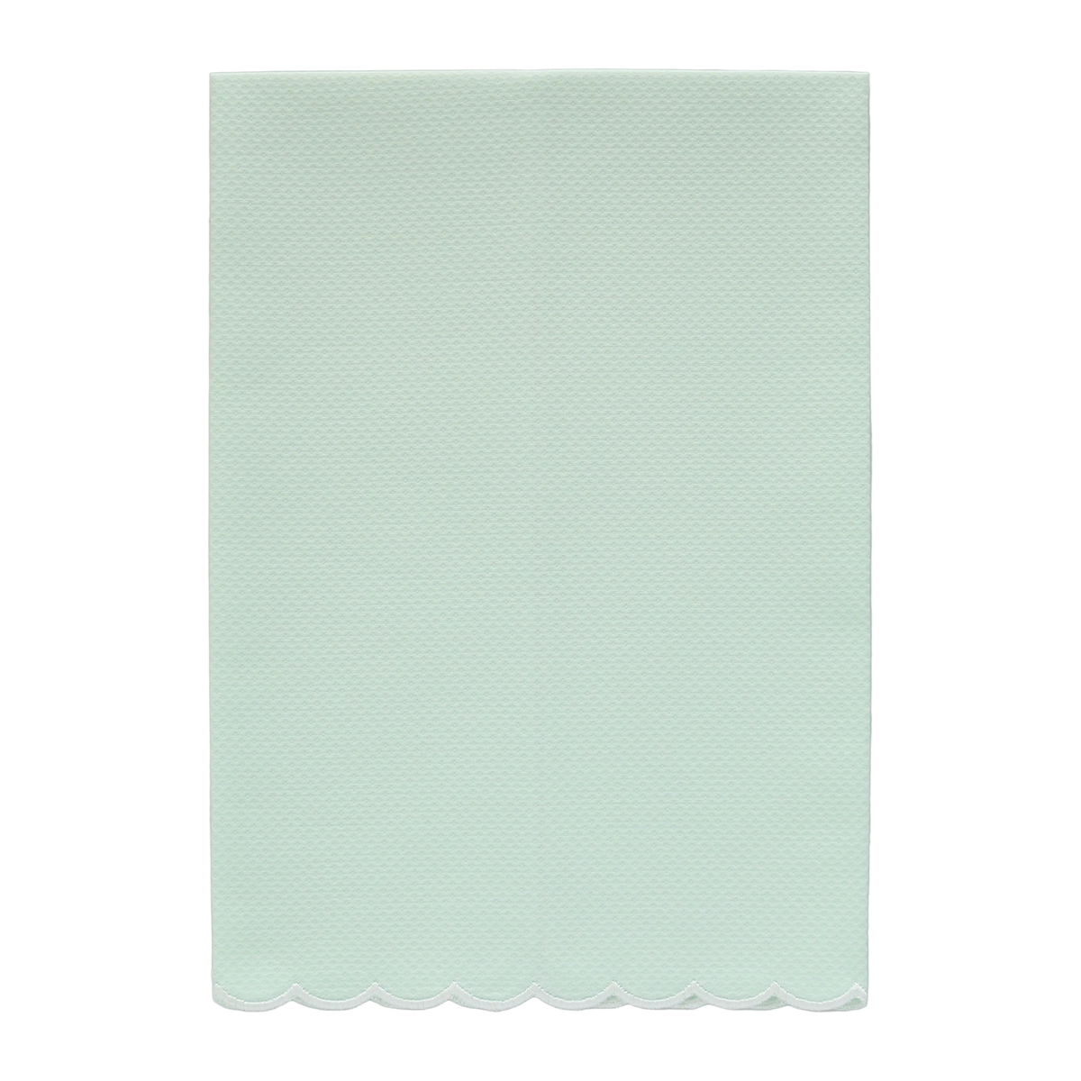A mint green pique fingertip towel with a natural white scalloped edge
