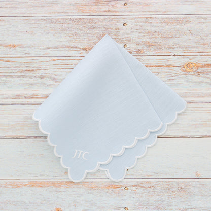 Baby Blue linen handkerchief with White scallops and monogram JTC