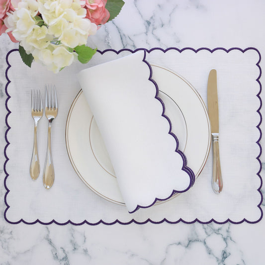 Sets de table en lin Bordure festonnée Blanc et Violet (lot de 4)