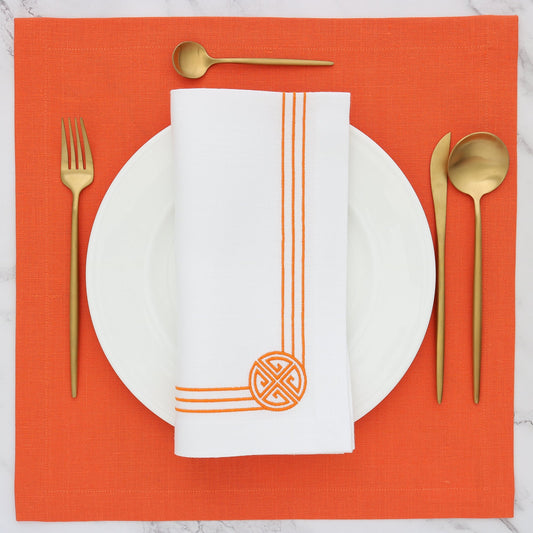 Nœud circulaire à motif chinois sur serviettes de table en lin blanc (lot de 4)