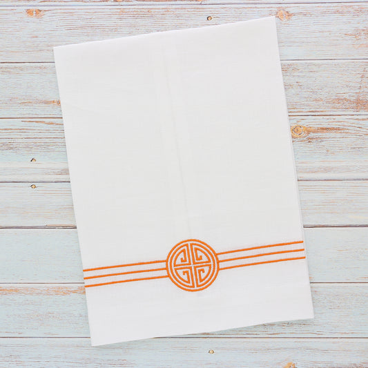 Chinese Motif Circle Knot on White Linen Guest Towels (set of 2)
