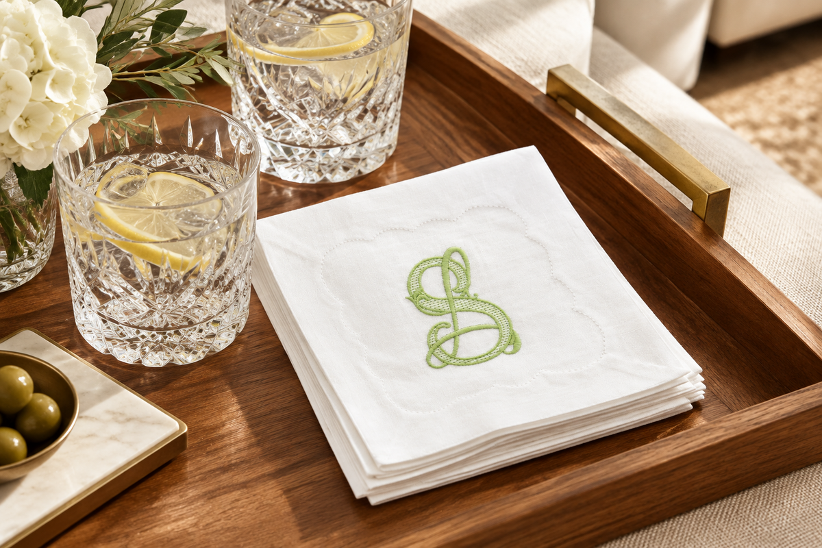 Set of 4 Cotton Inverted Hand Applique White Cocktail Napkins