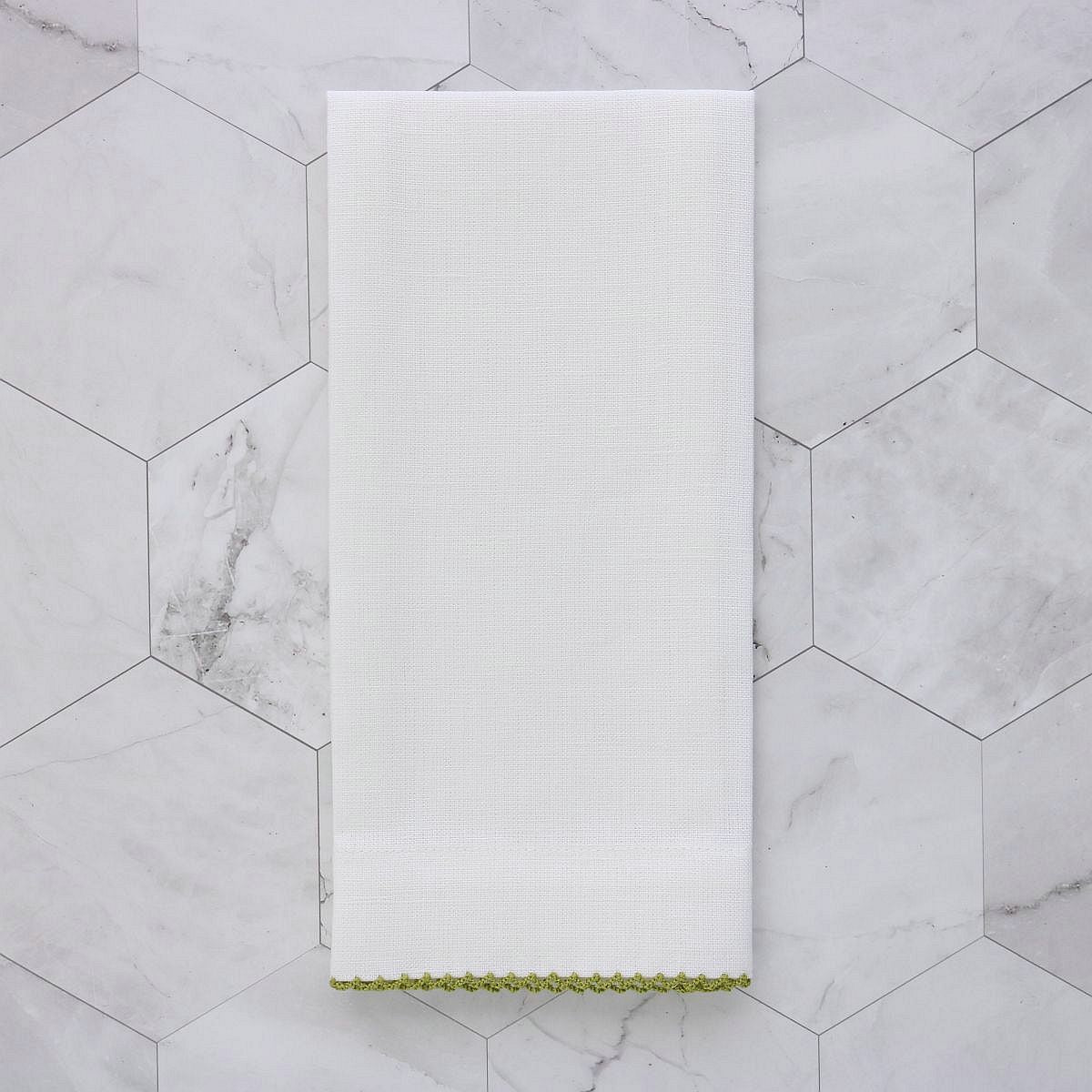 White linen guest towel with Pistachio Green edge picot trim