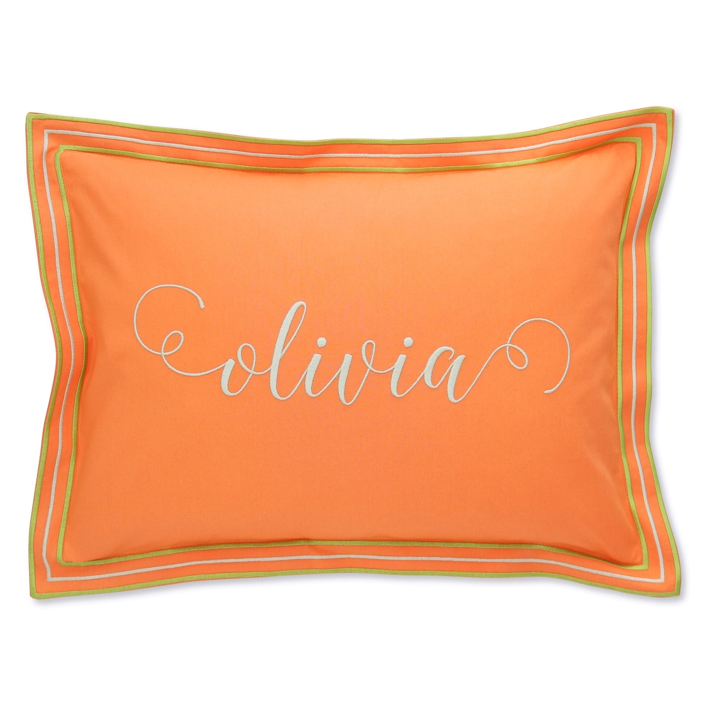 percale boudoir sham in Melon with 3 line border and name Olivia, in script font