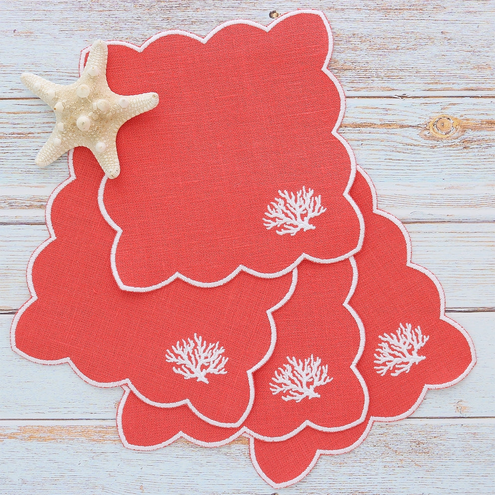 Scalloped cocktail napkins with Coral motif (set of 4)