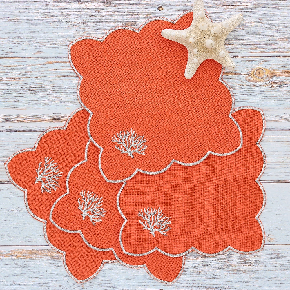 White Scalloped cocktail napkins with Coral motif (set of 4)