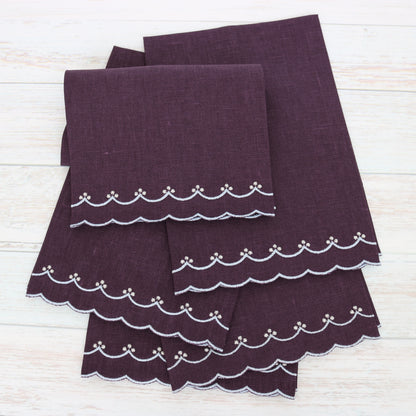 Eggplant and Light Blue Bergamo Scalloped Linen Guest Towel (each)