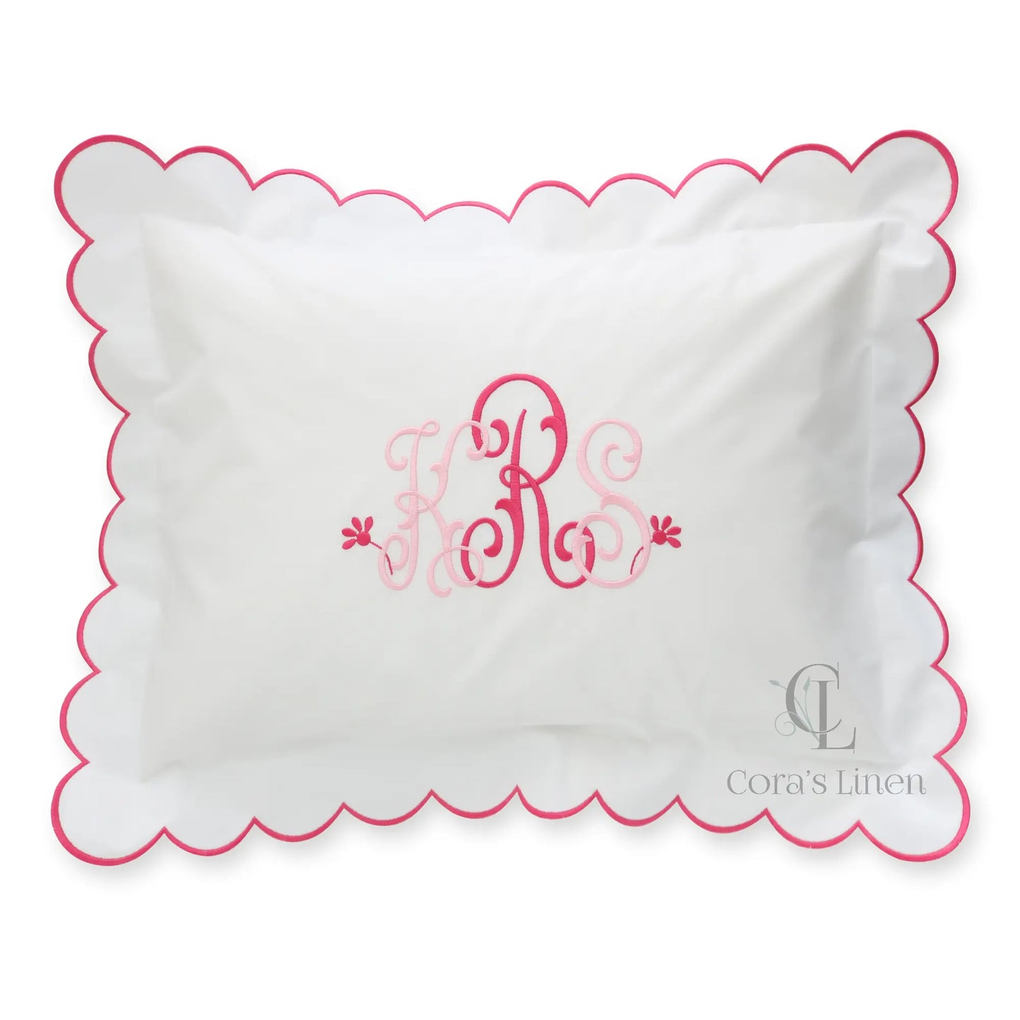 White pillow with hot pink scalloped edge and monogram KRS handmade by Cora's Linen