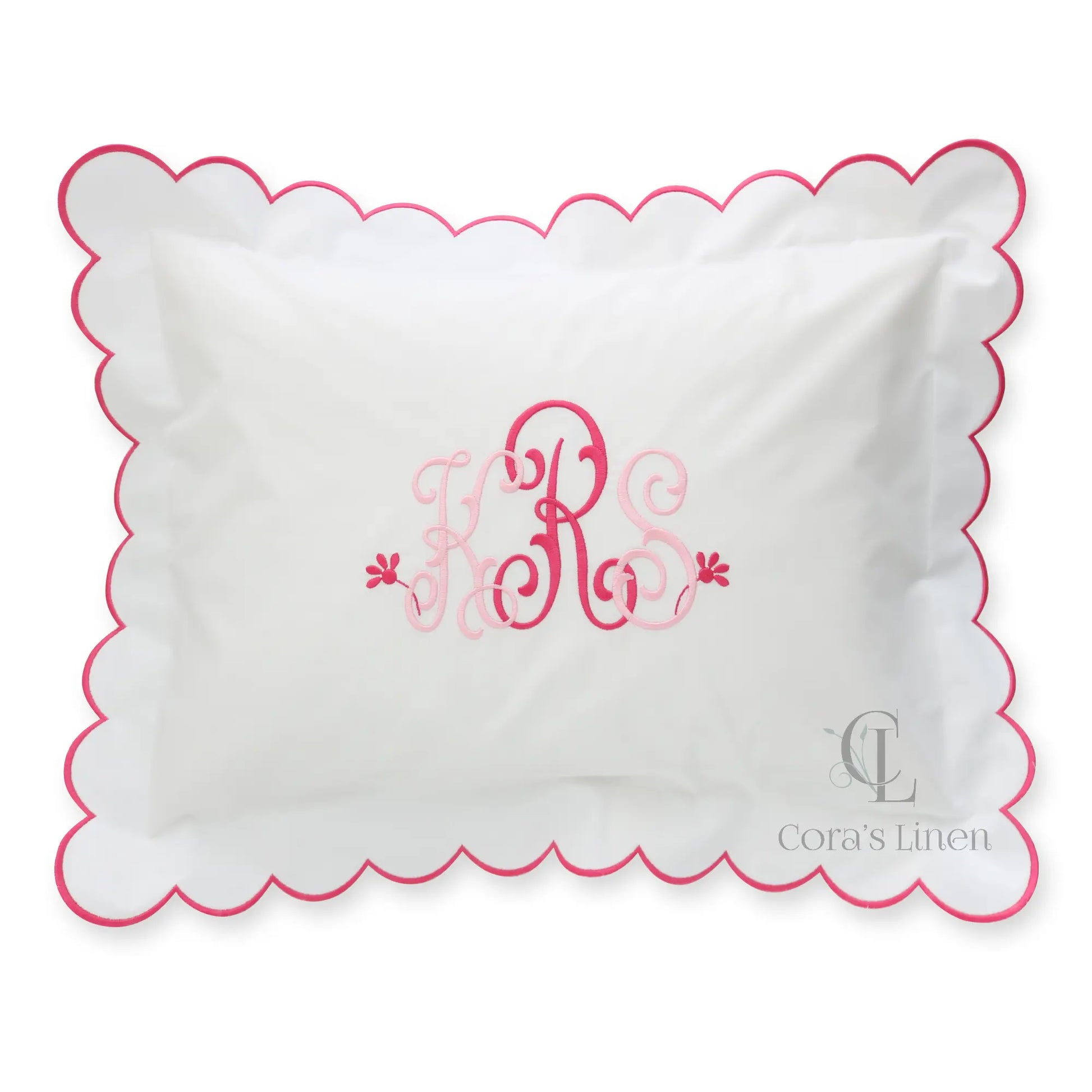 White pillow with hot pink scalloped edge and monogram KRS handmade by Cora's Linen