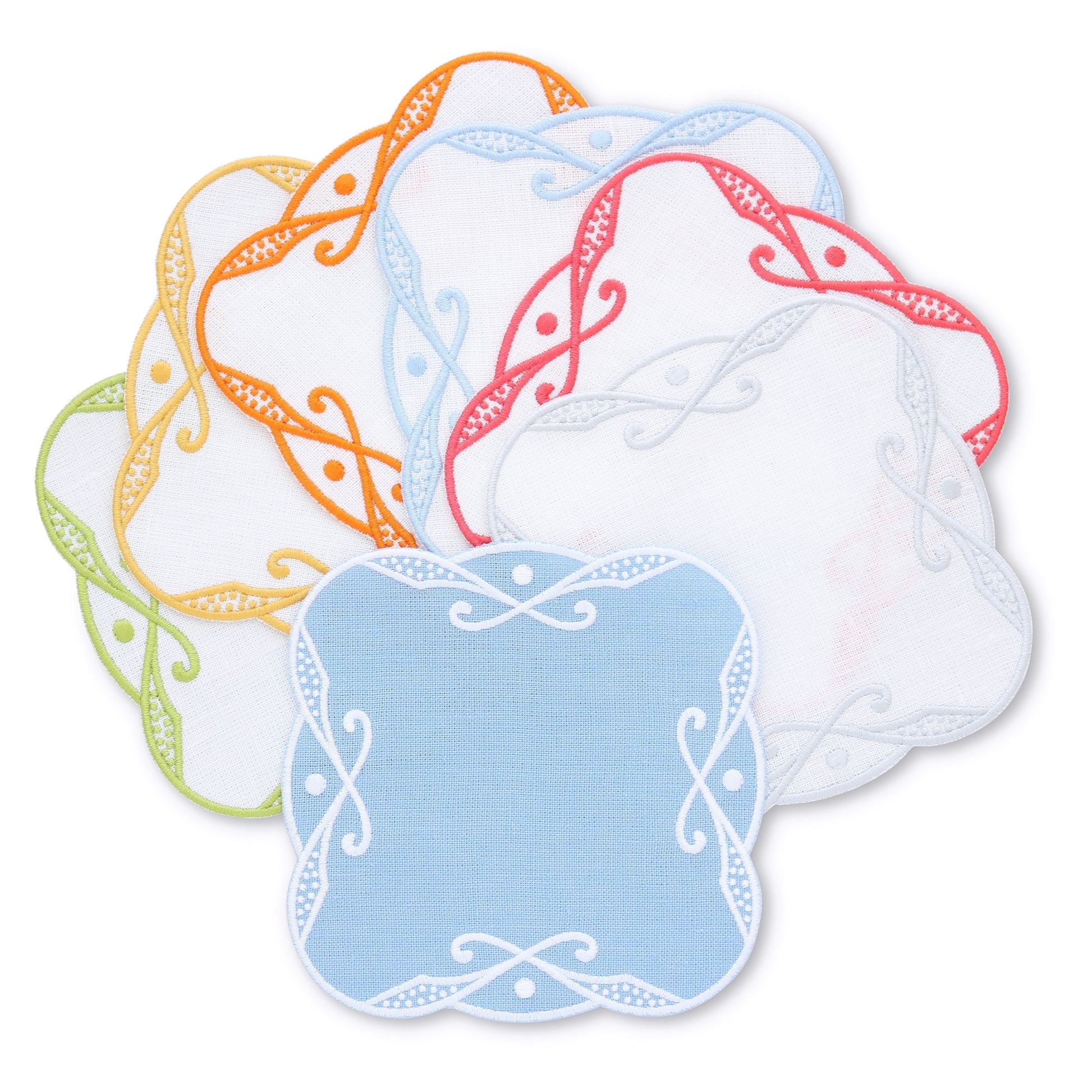 set of Charlotte embroidered cocktail napkins in various colors