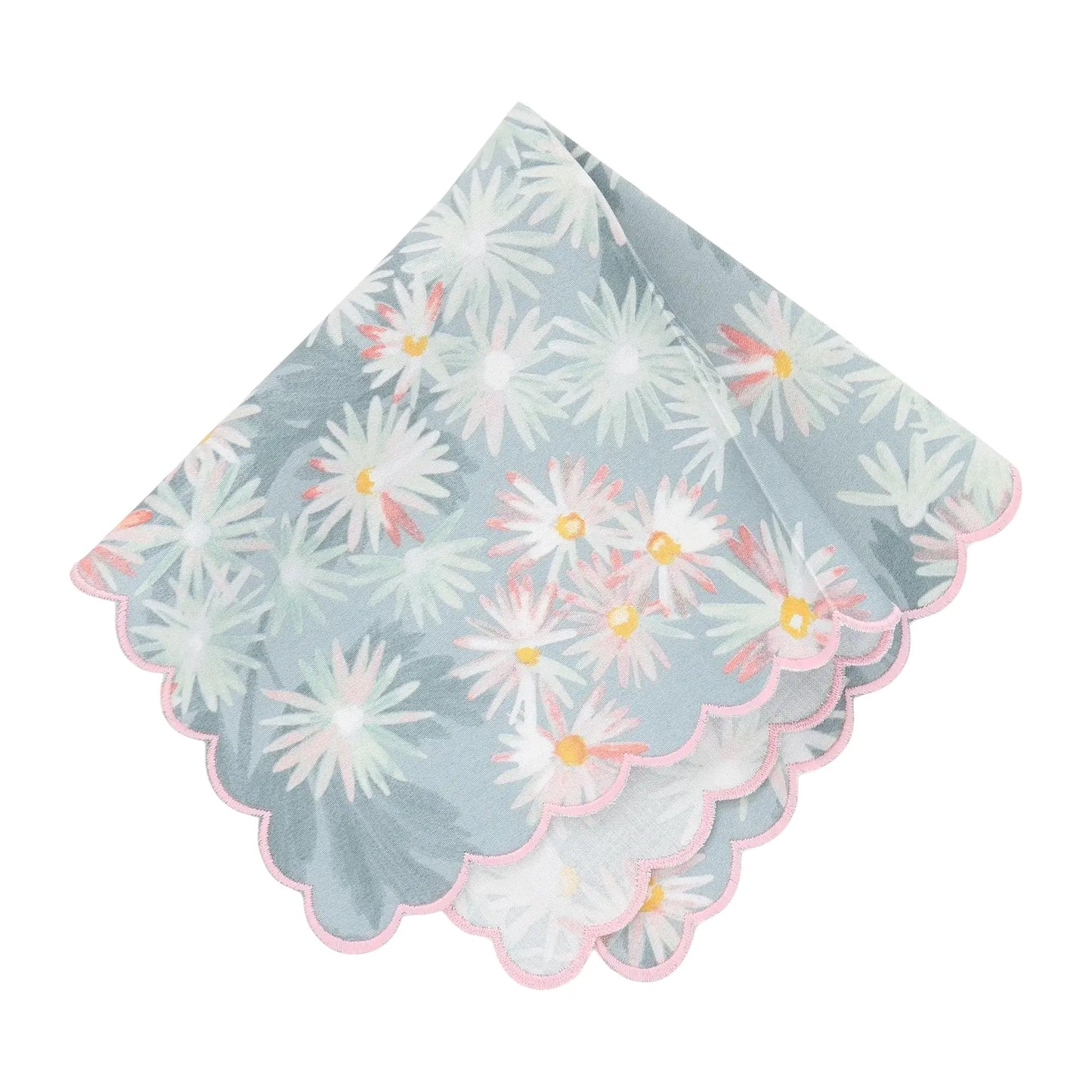 Set of floral patterned scalloped handkerchiefs on a white background