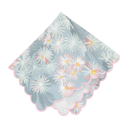 Set of floral patterned scalloped handkerchiefs on a white background
