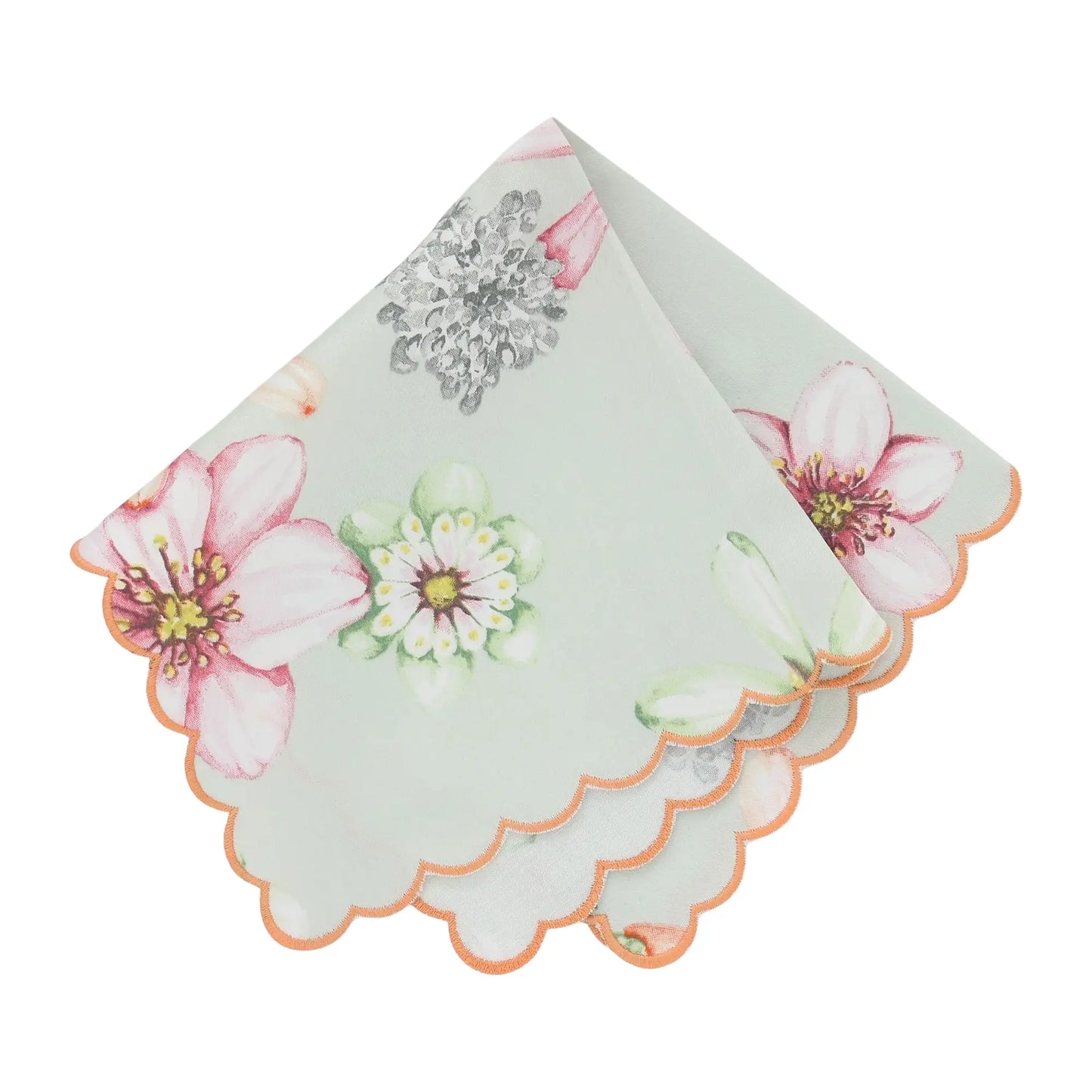 Set of floral patterned scalloped handkerchiefs on a white background