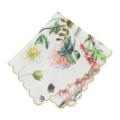 Set of floral patterned scalloped handkerchiefs on a white background