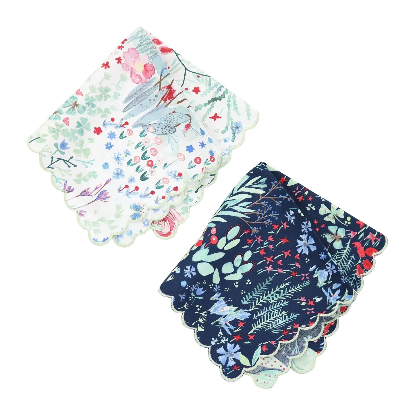 Two sets of floral-patterned scalloped handkerchiefs on a white background