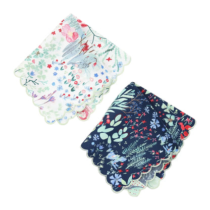 Two sets of floral-patterned scalloped handkerchiefs on a white background