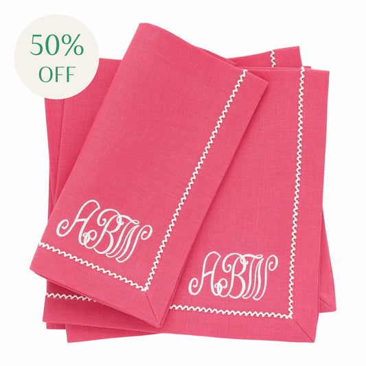 Lipstick Pink Linen Dinner Napkins with Inverted White Picot Trim (each)