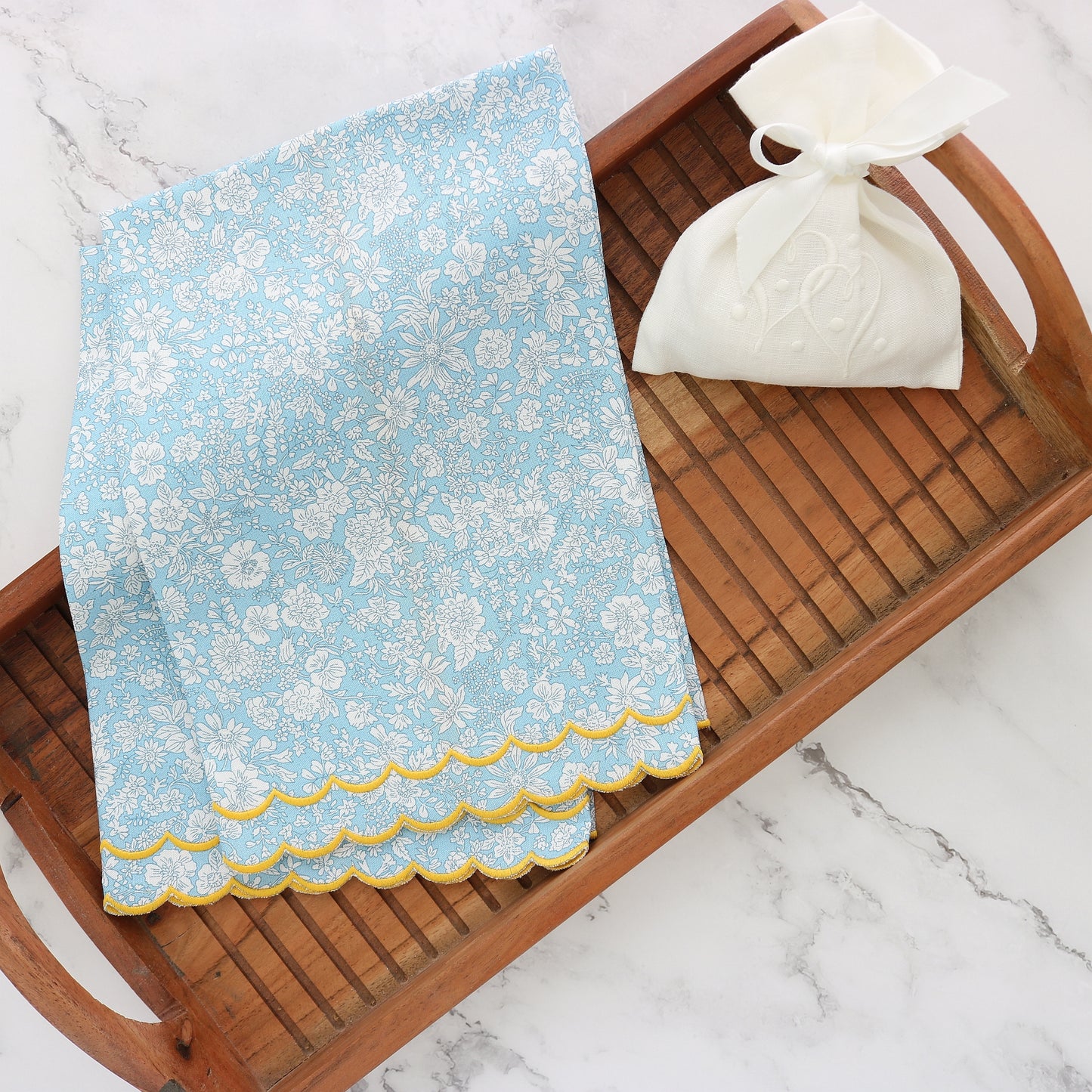 liberty london emily belle blue sky guest towels with Aurora doble scallop border in yellow